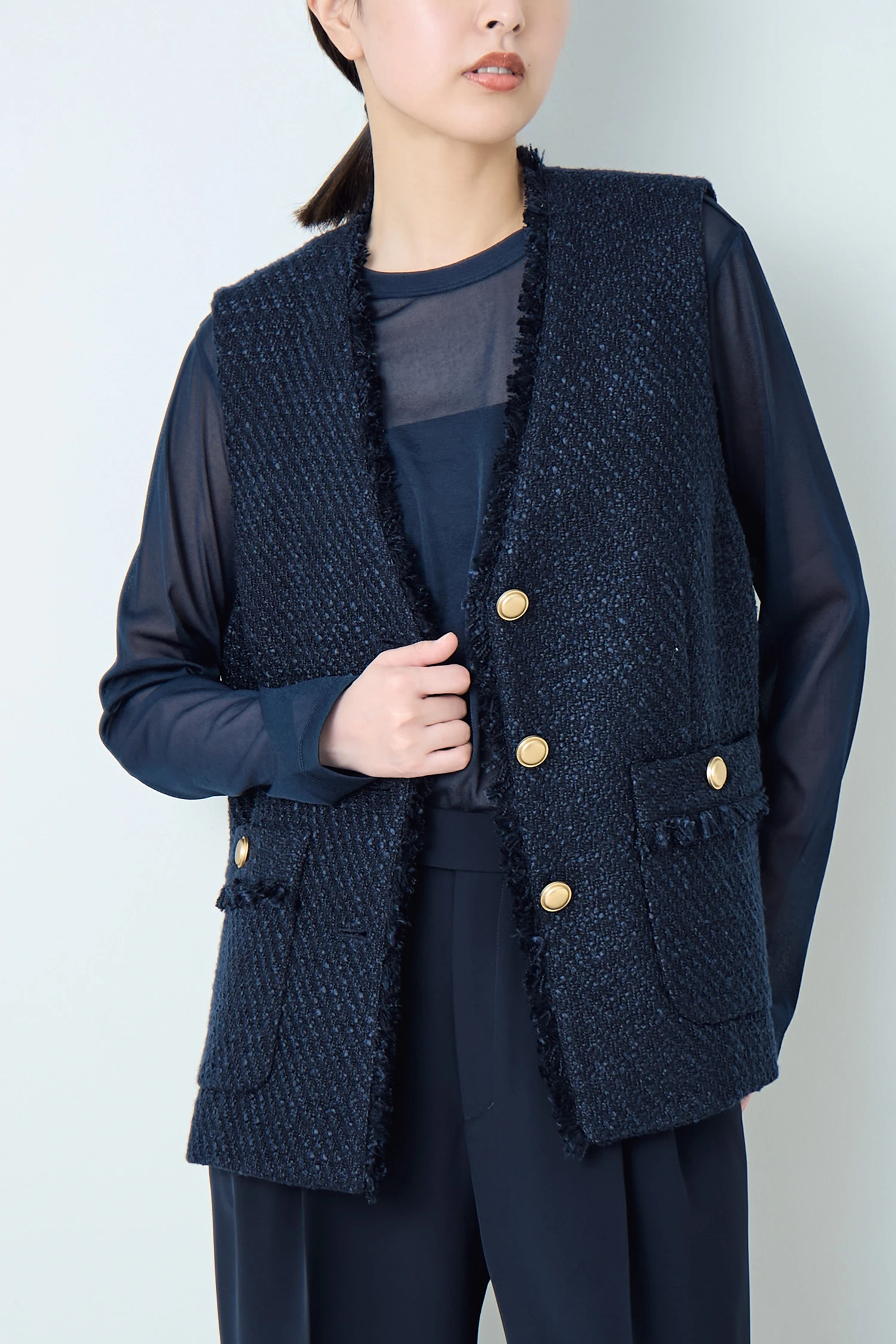 STATE OF MIND（ステートオブマインド）｜tweed v-neck vestアイテムの