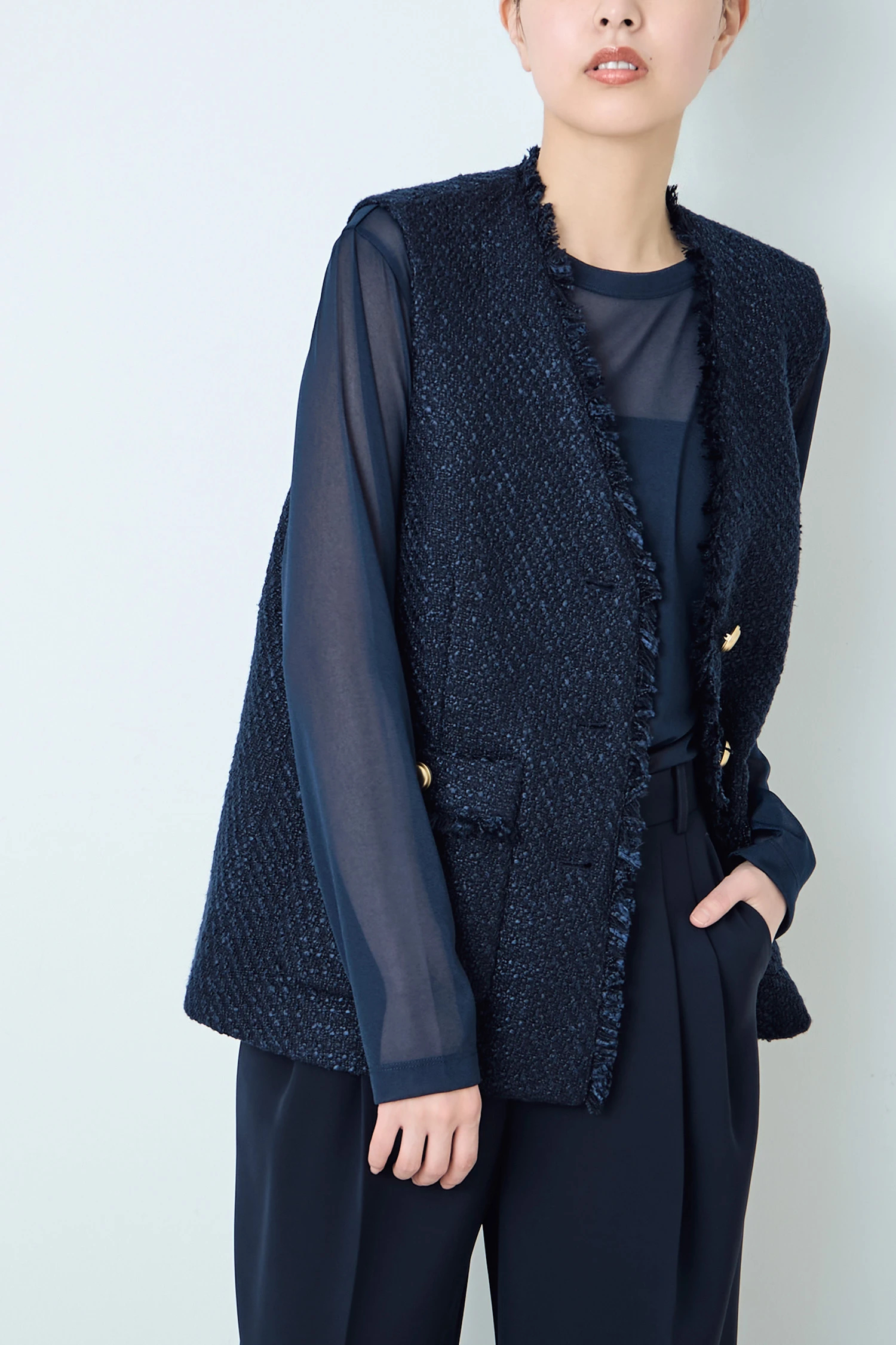 STATE OF MIND（ステートオブマインド）｜tweed v-neck vestアイテムの